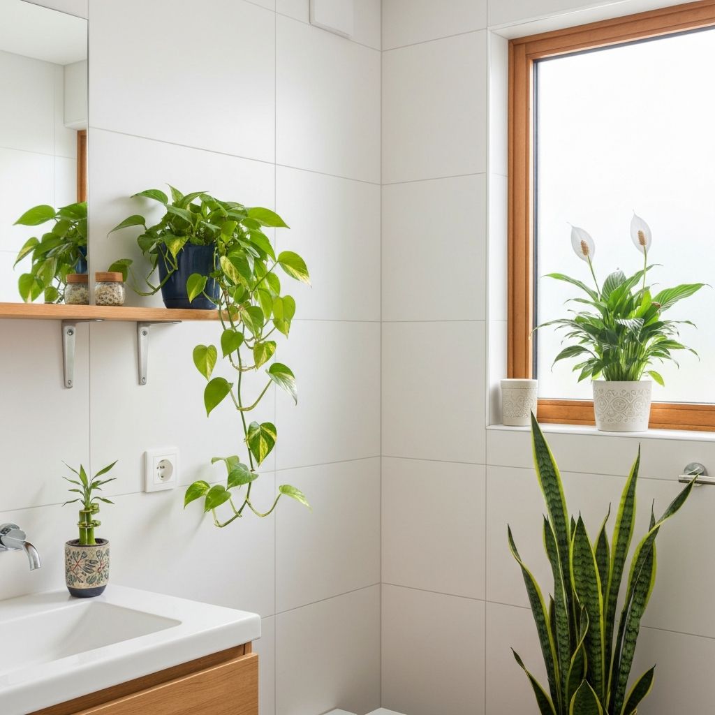 Bathroom with abundant green plants including bamboo, pothos, and ferns creating positive Feng Shui energy