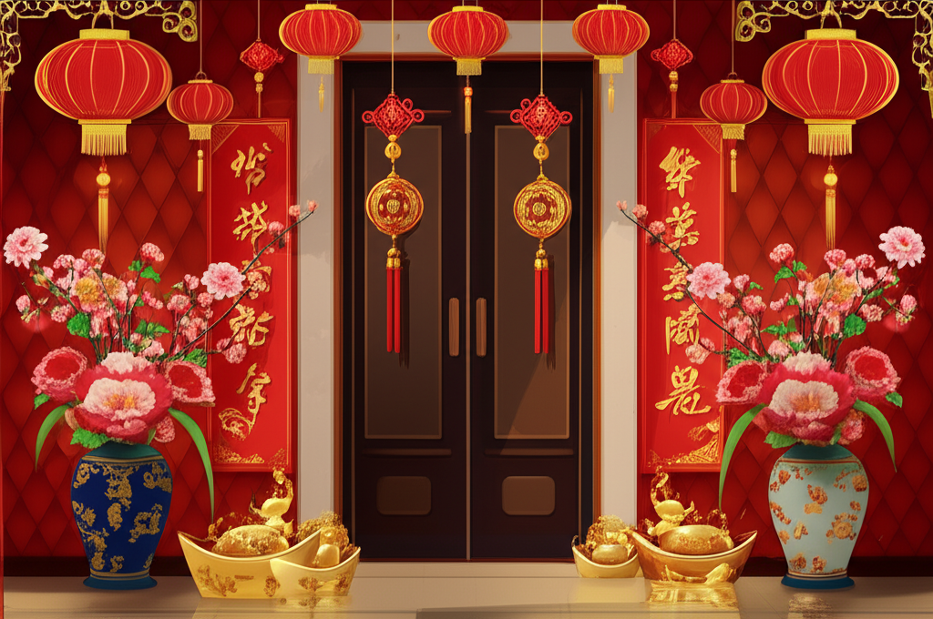 Beautiful Chinese New Year home setup with red decorations, gold accents, and traditional Feng Shui elements for prosperity