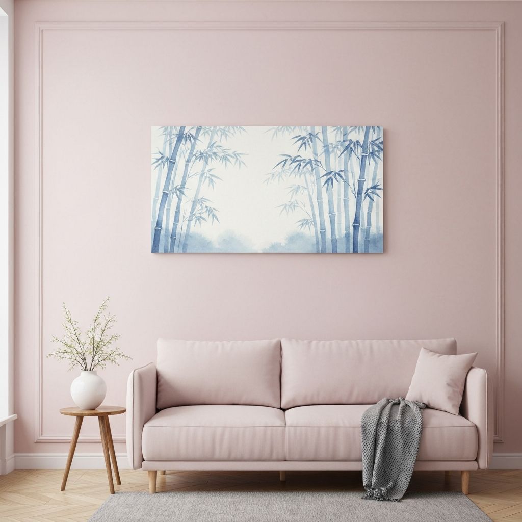 Feng Shui art placement with uplifting landscape above sofa