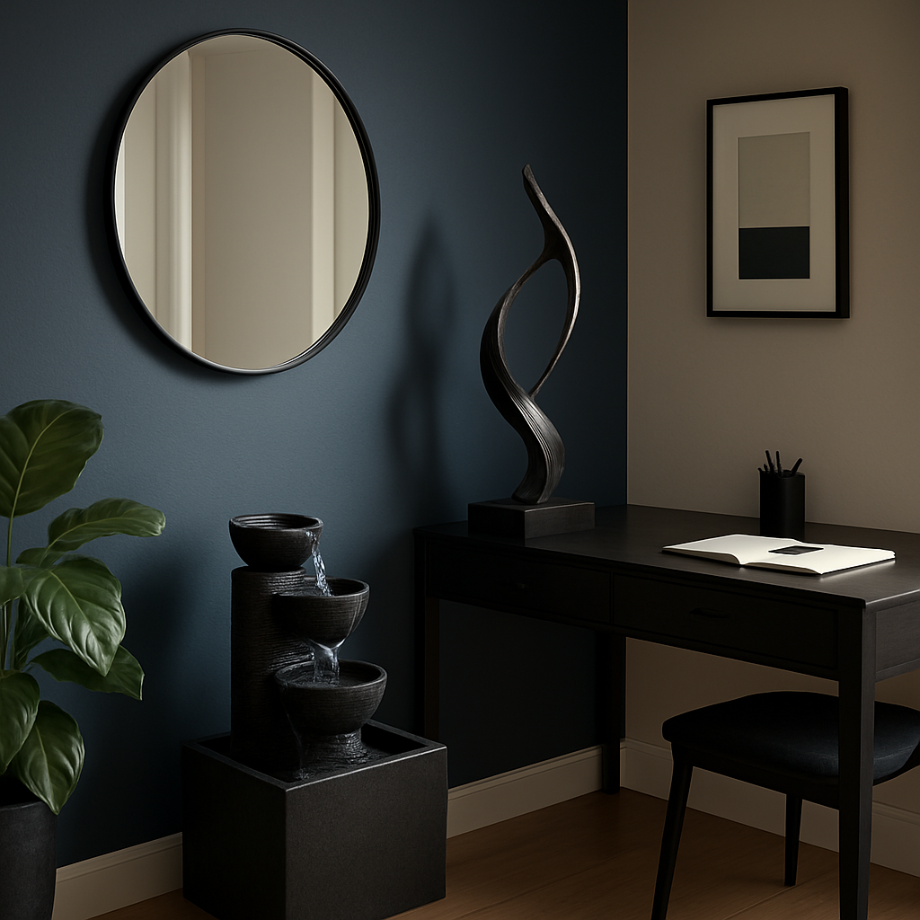 Feng Shui career area with water feature and dark blue accents in north bagua zone