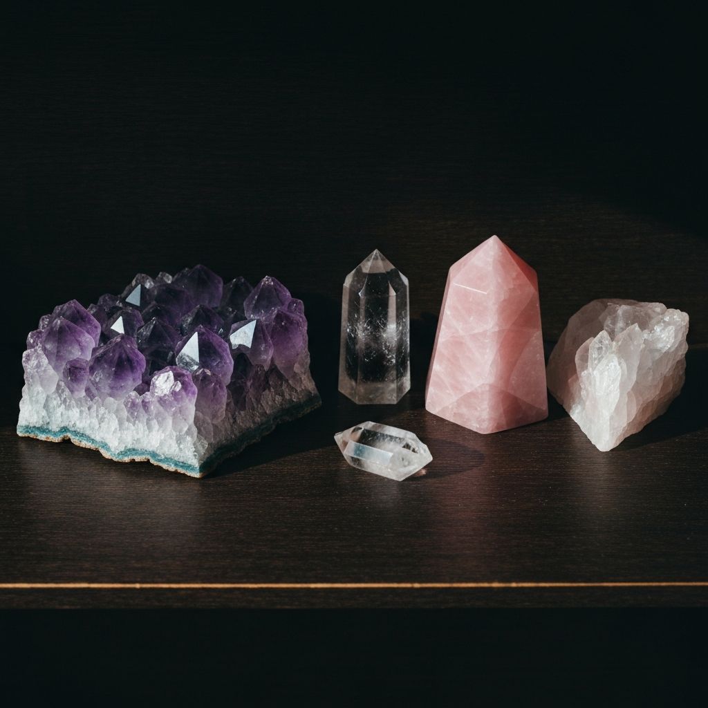 Collection of Feng Shui crystals including citrine, rose quartz, amethyst, and clear quartz