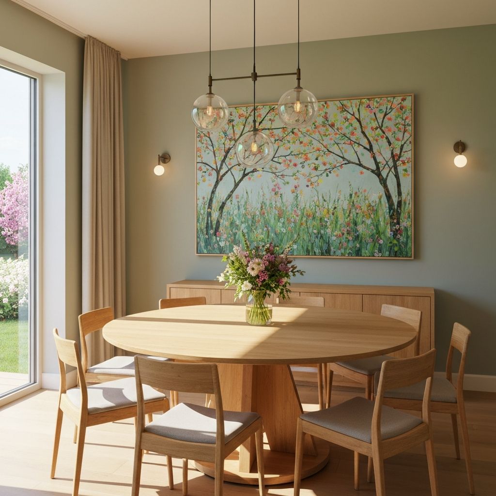 Perfect Feng Shui dining room with round table, mirror, and warm lighting