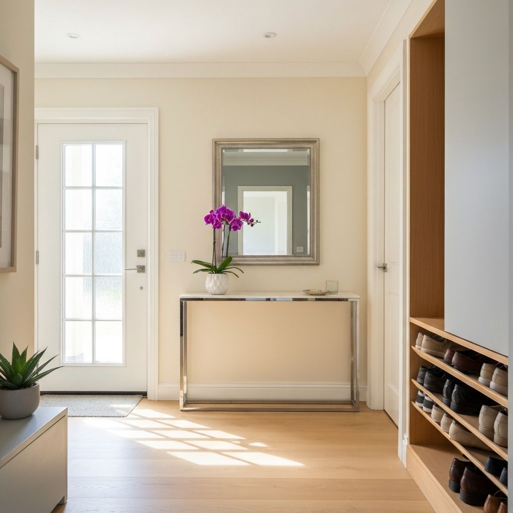 Perfect Feng Shui entryway with clear space, mirror, and fresh flowers
