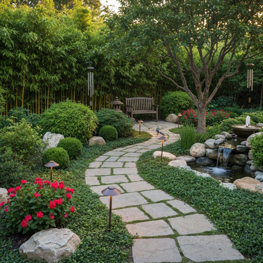 Beautiful Feng Shui garden with curved pathways, water features, and balanced five elements
