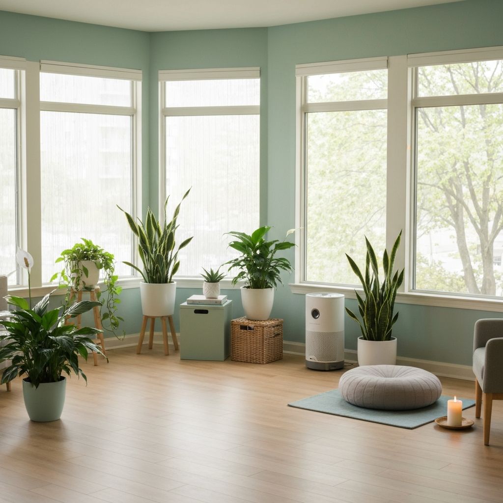 Feng Shui healing home with air-purifying plants and serene natural decor