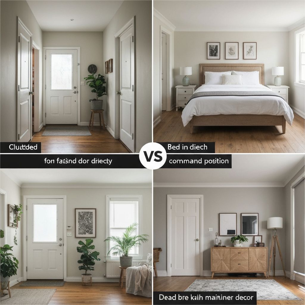 Common Feng Shui mistakes comparison showing wrong vs right approaches