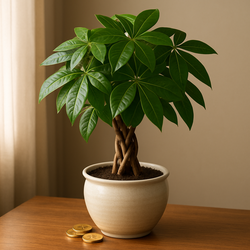 Feng Shui money plant with braided trunk in ceramic pot near window