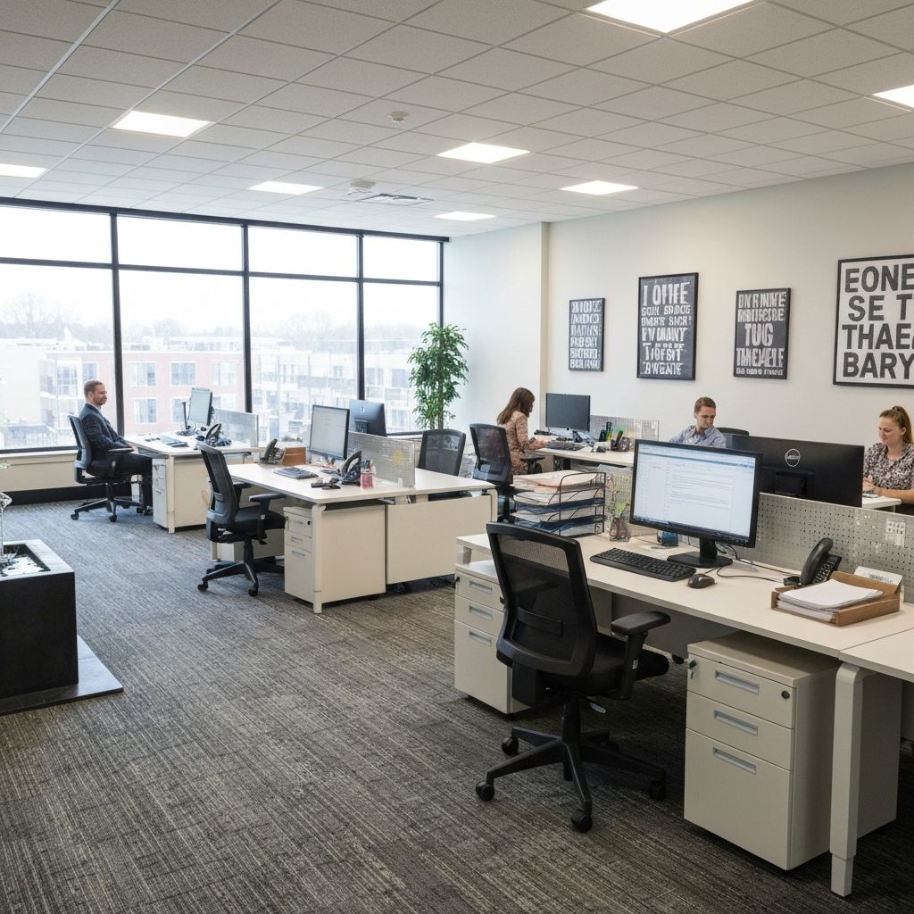 Feng Shui office layout with desks in command position and plants