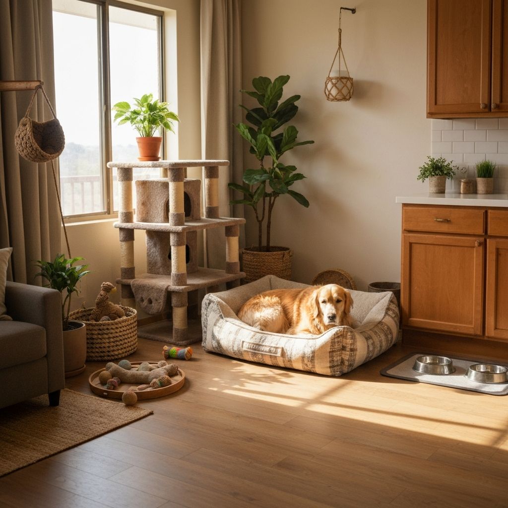 Feng Shui pet-friendly home with dog resting in command position