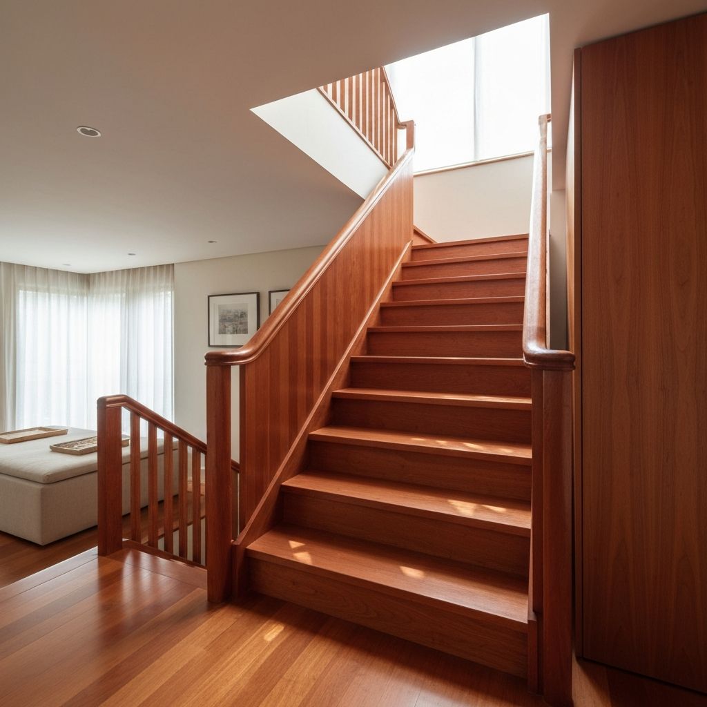 Elegant Feng Shui staircase with good lighting, plants, and solid risers