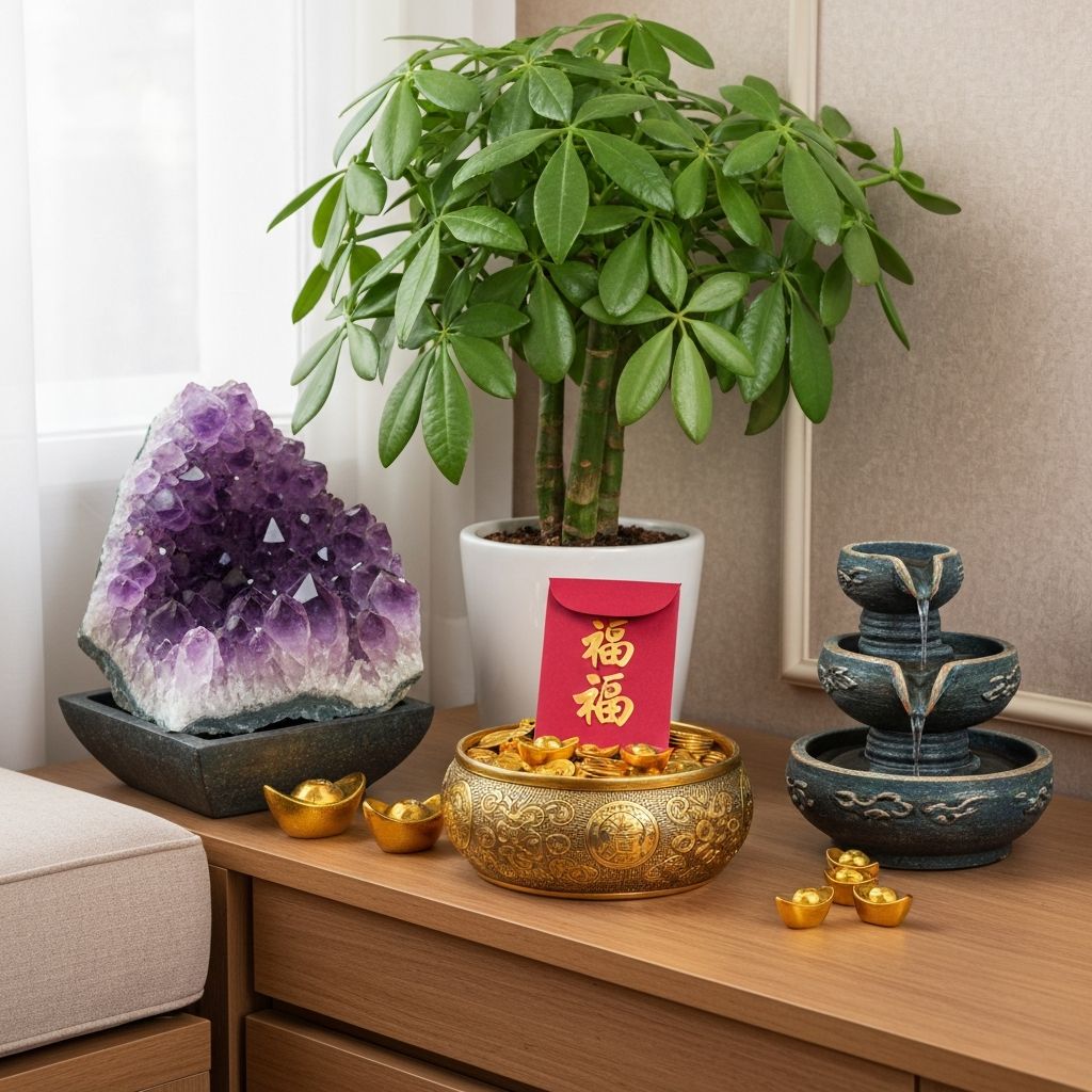 Wealth corner with jade plant, amethyst cluster, and prosperity symbols