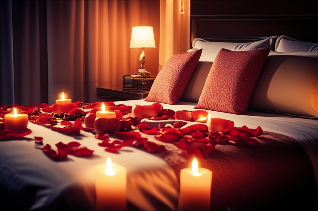 Romantic bedroom setup with rose petals, candles, and Feng Shui elements designed to enhance love and relationship energy