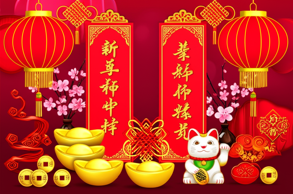 Traditional Chinese New Year decorations with red lanterns, gold accents, and auspicious symbols arranged according to Feng Shui principles