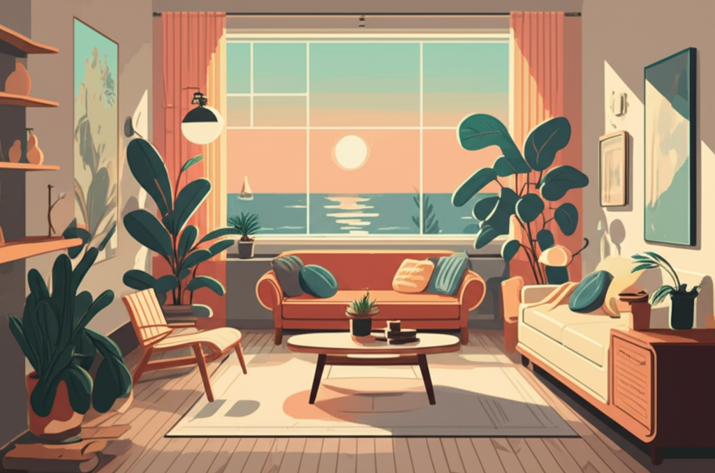 Bright, welcoming living room with natural light, plants, and warm colors designed to support mental health and encourage social connection