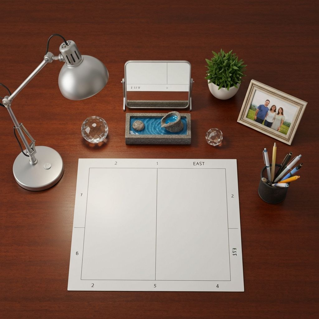 Feng Shui desk accessories arranged according to bagua zones