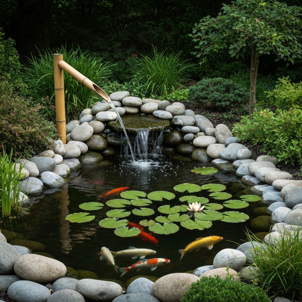 Feng Shui garden water feature with koi pond and natural stones