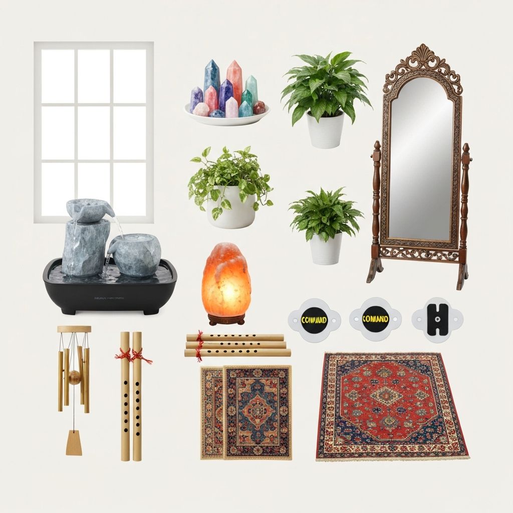Collection of portable Feng Shui cures including plants, crystals, water fountain, and salt lamp