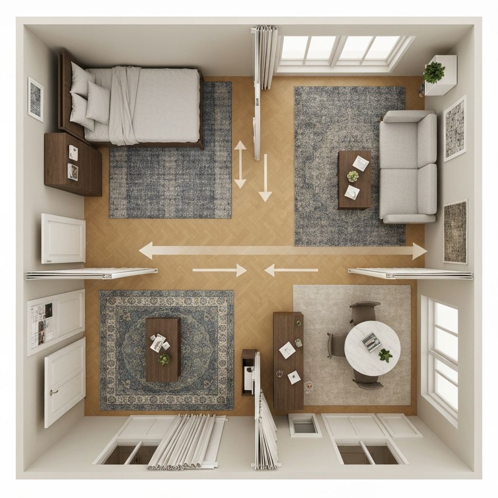 Overhead view of Feng Shui zones in a small apartment using area rugs and furniture placement