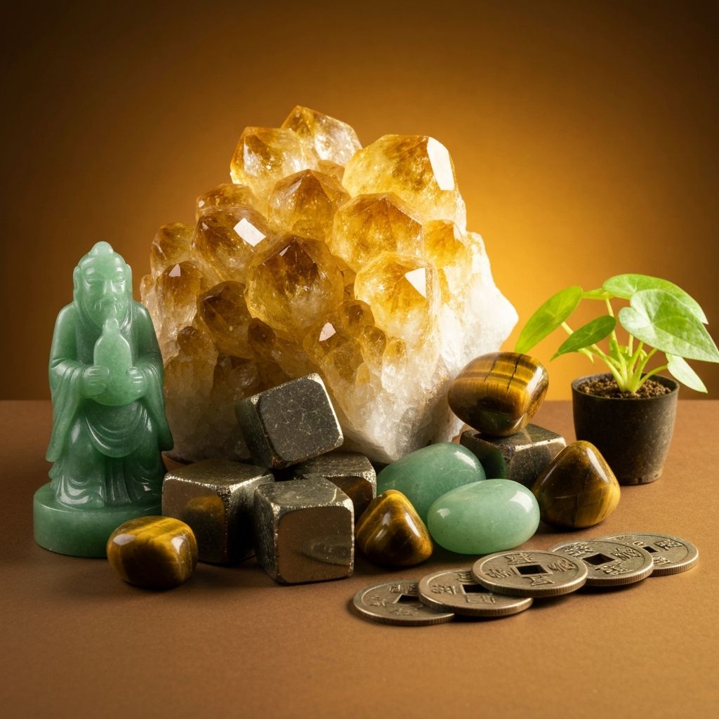 Feng Shui wealth crystal altar with citrine, pyrite, jade, and Chinese coins