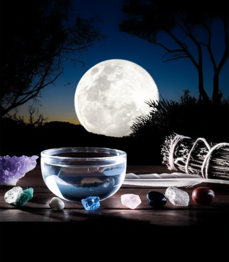 Powerful full moon ceremony setup with crystals, water features, and bright lighting arranged for maximum lunar energy activation
