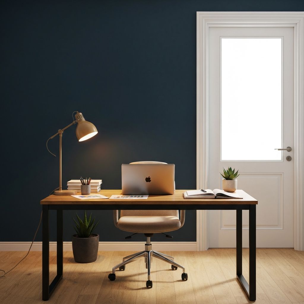 Home office desk in perfect command position with view of door, solid wall behind, and empowering workspace setup