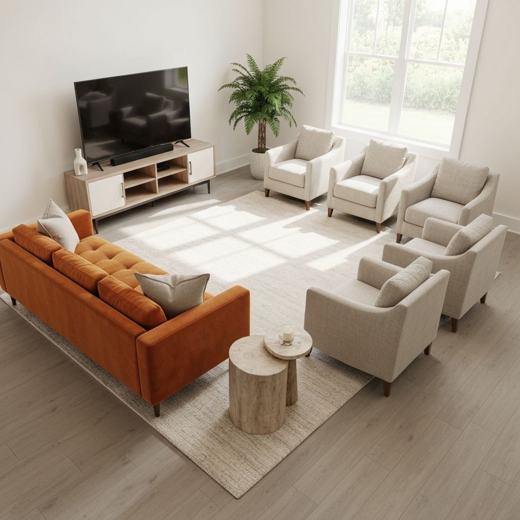 Ideal living room furniture arrangement in conversation-friendly layout with command position seating and clear energy pathways