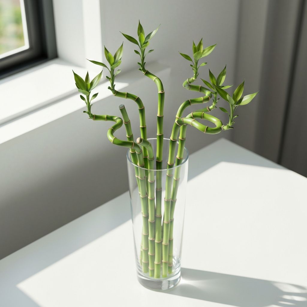 Lucky bamboo arrangement with 8 stalks in elegant container with pebbles and red ribbon