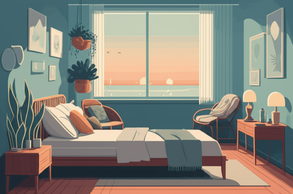 Peaceful bedroom designed with Feng Shui principles for mental health support, featuring soft colors, natural light, and calming elements