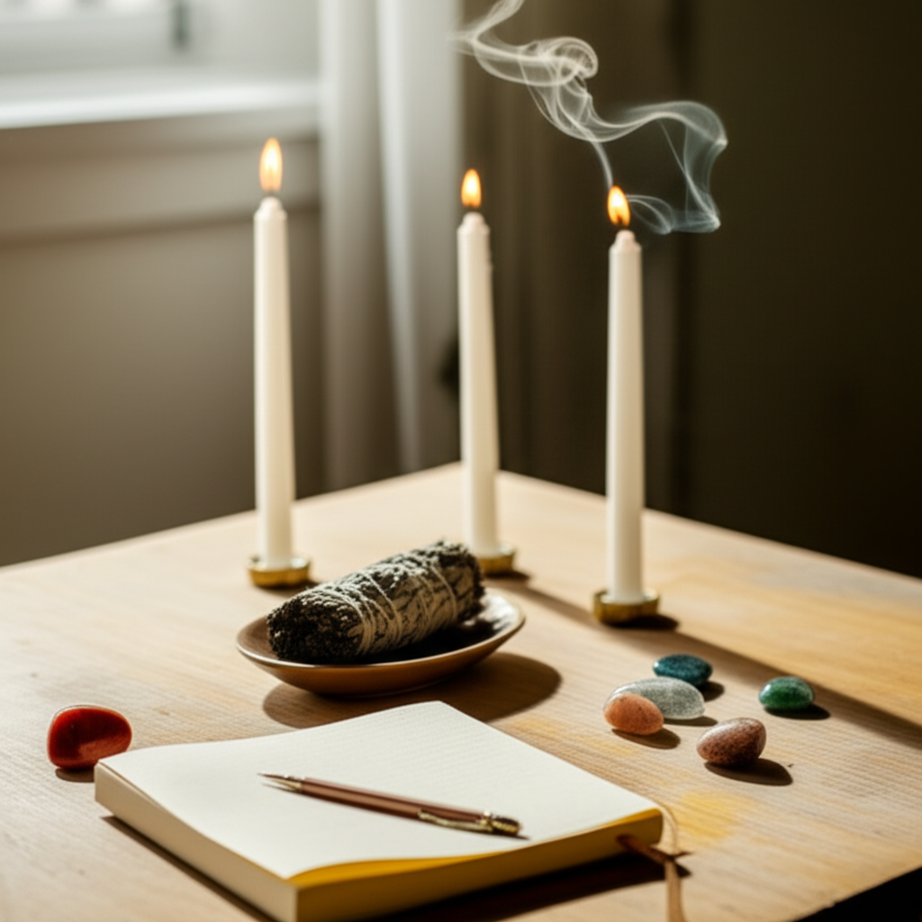 Peaceful new moon ritual setup with candles, crystals, and intention-setting materials arranged according to Feng Shui principles
