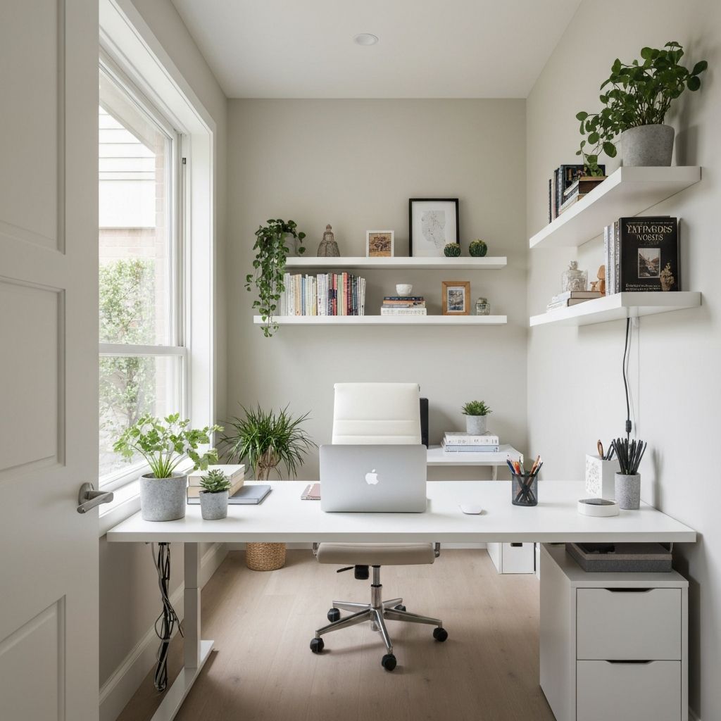 Well-organized home office with clean cable management, balanced technology placement, and natural elements