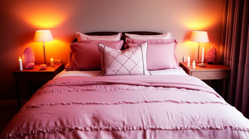 Romantic bedroom with paired nightstands, soft pink bedding, rose quartz crystals, and warm candlelight creating perfect Feng Shui for love and intimacy