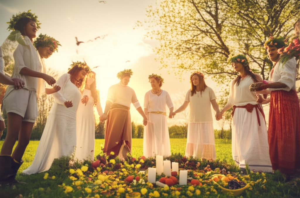 Peaceful ceremony setup with white candles, fresh spring flowers, planted seeds, and natural elements arranged for Spring Equinox balance ritual