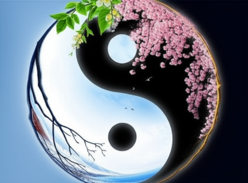 Beautiful living room demonstrating perfect yin-yang balance with soft curved furniture (yin) and bright geometric artwork (yang), fresh spring flowers, and balanced lighting