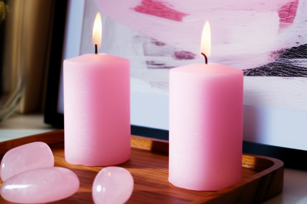 Beautifully arranged love corner with paired pink candles, rose quartz crystals, romantic artwork, and soft lighting demonstrating Feng Shui principles for Valentine's Day